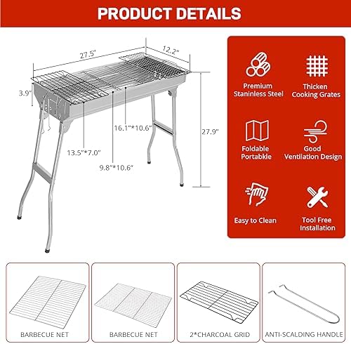 Stainless Steel BBQ Charcoal Grill, 28x 13 x 27" Portable & lFoldable Barbecue Grill, Outdoor Patio Garden Heating Smoker for Cooking Camping Hiking Picnic Garden Beach Party