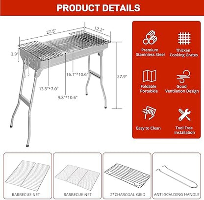 Stainless Steel BBQ Charcoal Grill, 28x 13 x 27" Portable & lFoldable Barbecue Grill, Outdoor Patio Garden Heating Smoker for Cooking Camping Hiking Picnic Garden Beach Party