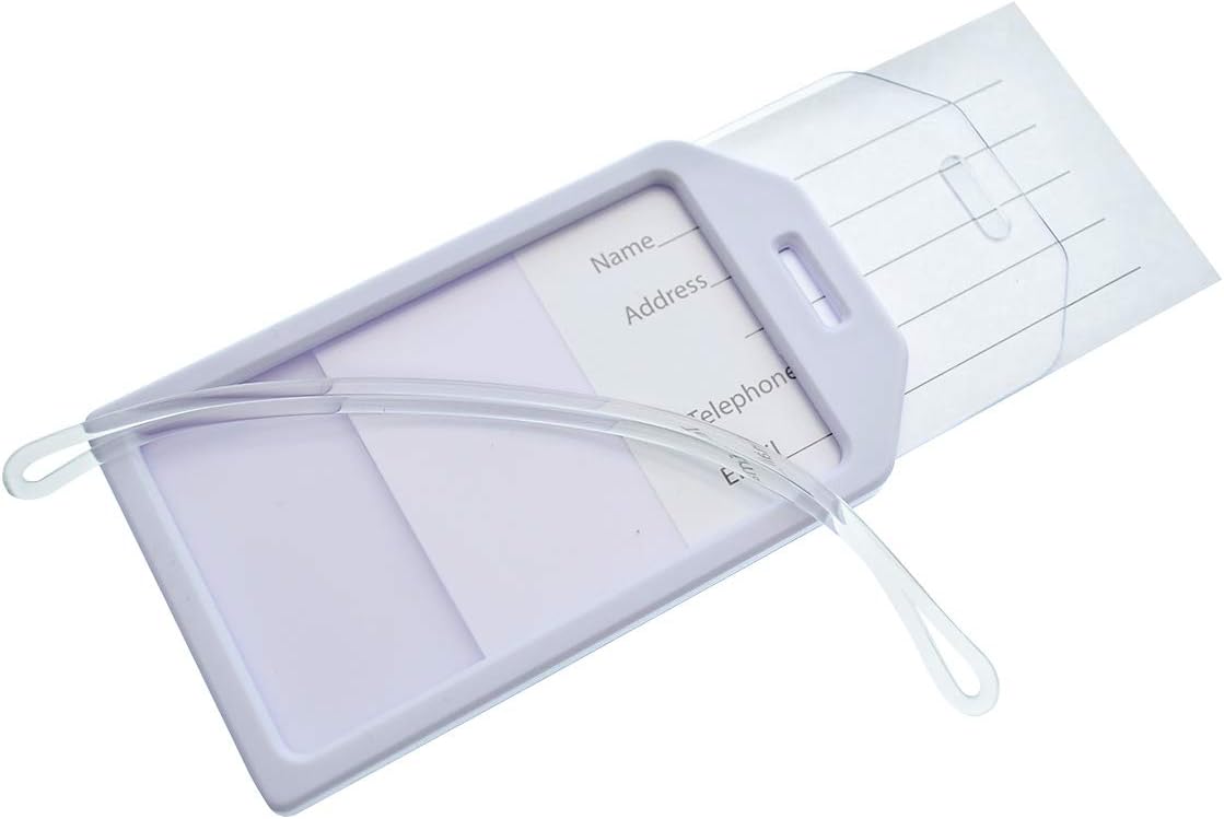 5 Pack - Premium Rigid Airline Luggage Tag Holders with 6" Worm Loops - Heavy Duty Hard Plastic -Suitcase ID Tag Identifiers with Business Card Insert Window by Specialist ID (White)