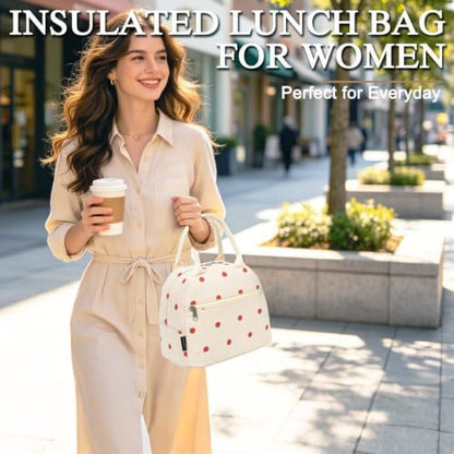 FlowFly Insulated Lunch Bag for Women – Corduroy Lunch Tote Box, Cute Cooler Bag for Work, Travel, Picnic, Corduroy Strawberries Beige