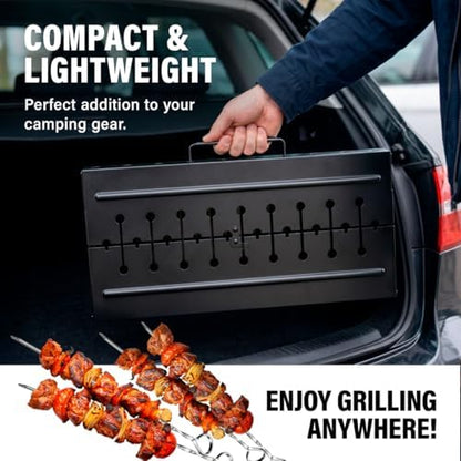 Charcoal Grill for 10 Skewers - Portable Barbecue Kabob Camp Grills - Foldable Metal Mangal - Kebab Shish BBQ for EDC Picnic Outdoor Cooking Camping Hiking (Skewers Not Included)