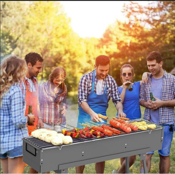 Portable Charcoal Grills, Alloy Steel BBQ Grill with Foldable Stand Adjustable Air Vents, Kebab Skewer BBQ Barbecue Grill Kit for Garden Backyard Party Picnic Travel Outdoor Use (31.6x7.1inch)