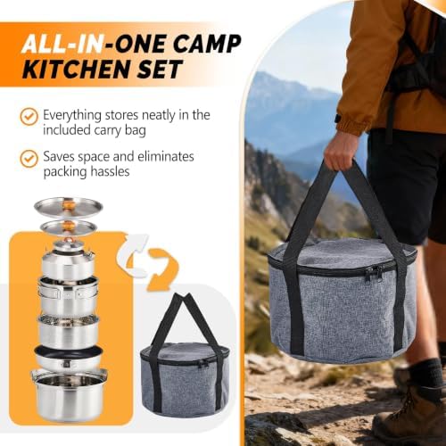 Bonnlo Camping Cookware Set, 6 Pcs 304 Stainless Steel Camp Pots and Pans with Kettle, Steamer Basket & Lids, Travel Tote Bag Included for Outdoor Cooking, Works on Gas, Electric & Induction Cooktops