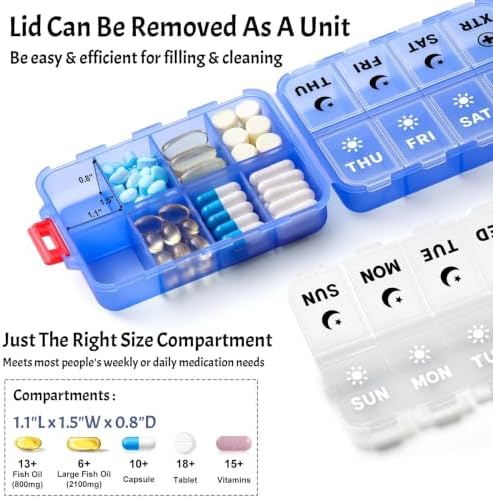 Foldable Portable 7 Day Pill Organizer 2 Times a Day, AM PM Weekly Pill Box