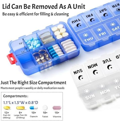 Foldable Portable 7 Day Pill Organizer 2 Times a Day, AM PM Weekly Pill Box