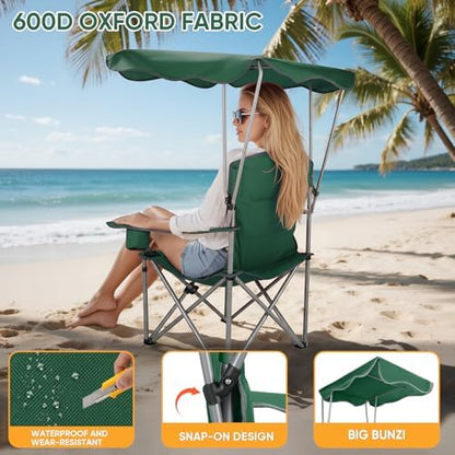Northroad Folding Camping Chairs with Canopy Shade, Beach Chair w/Cup Holders, Armrests & Carry Bag for Outdoors Travel Sports Fishing, Green
