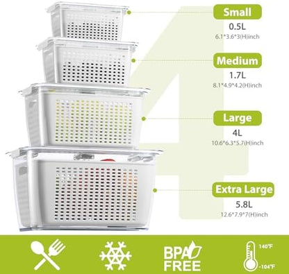LUXEAR 4 Pack Fruit Vegetable Containers for Fridge, Produce Saver Container with Lids &Removable Colander BPA-free Refrigerator Storage Organizer for Fruit Vegetable, Berry, Meat keep Fresh Longer