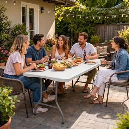 HAISIWLKJ Folding Table 8 FT Camping Table Portable White Heavy Duty Plastic Rectangular Outdoor Dining Table Steel Legs Fold-in-Half with Carrying Handle for Indoor,Picnic,Party,Wedding,Events