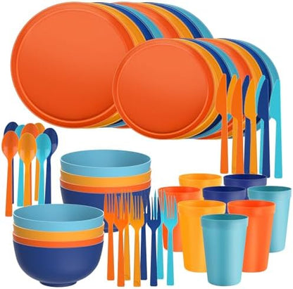 56 Piece Plates and Bowls Sets for 8, Kitchen Dinnerware Sets, Plastic