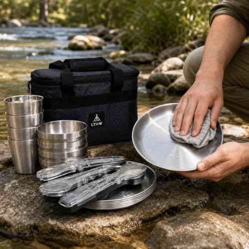 Camping Dinnerware Set, 4 Person Camping Mess Kit, Portable Outdoor Cookware Set, Complete Camping Dishes