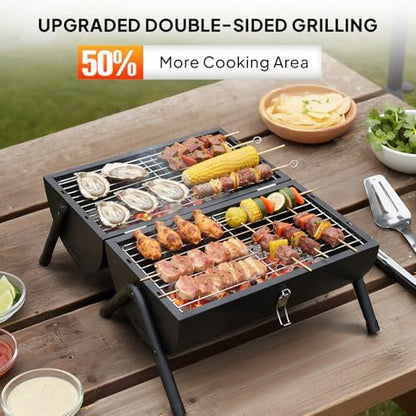 ROVSUN Portable Charcoal Grill with Storage Bag, Small Tabletop Barbecue Grill with Double Sides Grill Surface, Heavy Duty For Outdoor Cooking, Camping, Backyard Using