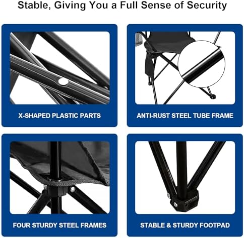Folding Camping Collapsible Chairs Heavy Duty Lawn Chair with Cooler Bag, Storage Pocket, Waterproof Bag Outdoor Arm Chair, Supports 225LBS, Black