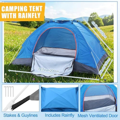 4 Pcs Camping Tent Set Include 1-2 Person Tent, Sleeping Bag, Air Mattress and 110v Ac/12v Electric Air Pump with 3 Nozzles Easy Set up Shelter with Rain Fly and Carrying Bag for Outdoor