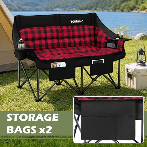 Youtanic Double Camping Chair, Heavy Duty 650lbs Padded Loveseat for Adults