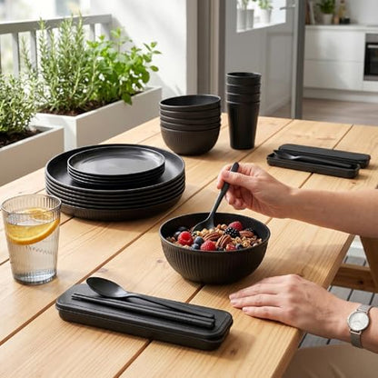 Asixxsix Dinnerware Set for 4, 20 Piece Reusable Plates Bowls and Cutlery Set, Microwave Safe and Dishwasher Safe, with Storage Box for Travel Camping Picnics