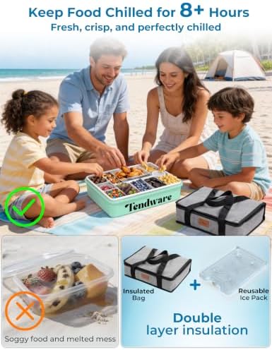 Chilled Snackle Box Container with Ice Pack, Divided Tray with Clear Lid & Bag, 8+Hrs Cooling, Beach Road Trip Essential for Family, Travel Snack Container for Picnic Camping Tailgate, Gifts for Women