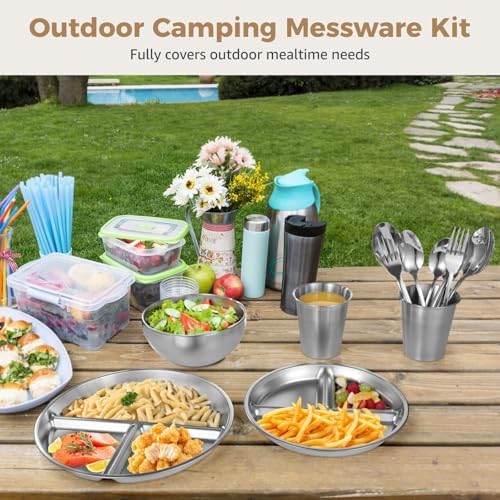 28-Piece Camping Dining Kit, Stainless Steel Outdoor Dinnerware Set with Plates, Bowls, Cups, Forks, and Spoons for Hiking and Picnics