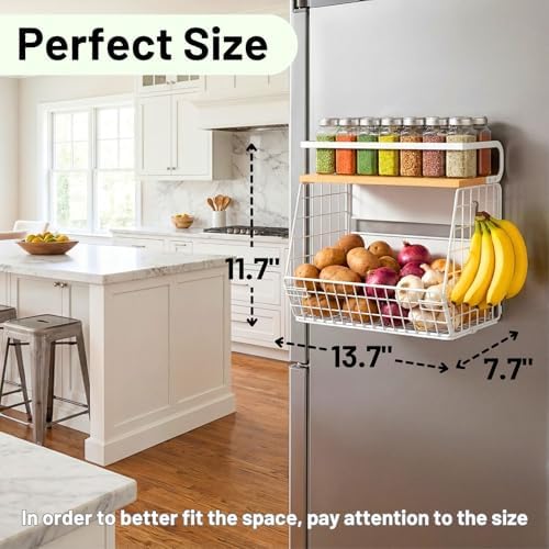Ofiray-home Magnetic Fridge Shelf with Wood Lid, Fruit Potato Onion Storage Bins, Pantry Organizers, Large Container Spice Rack for Refrigerator, Kitchen Counter, Cabinet (2, White)