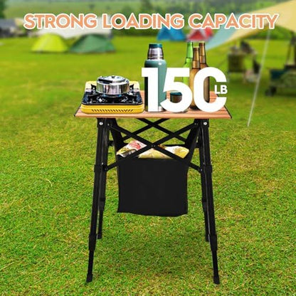 Aluminum Camping Side Table, Compact Folding Outdoor Portable Beach Small Camp Table with Carry Bag and Storage, Picnic, Hiking, Fishing, Grill(Wooden)