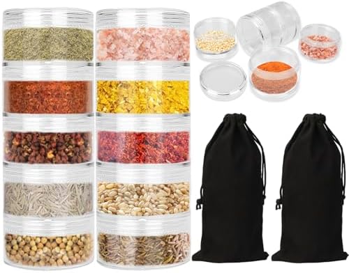 2 Sets 5 Layers Clear Portable Travel Spice Jars, Multi Camping Spice Containers with Organizer Bag, Stackable Spice Salt and Pepper Set for Outdoor Cooking, Camping, Traveling, Barbecuing