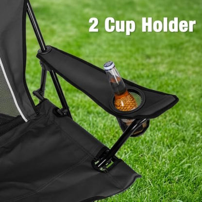 Romswi Portable Camping Chairs for Adult, Folding Outdoor Chairs with 2 Cup Holder, Folding Chair with Mesh Back for Outdoor, Fishing, Garden, 2-Pack, Black