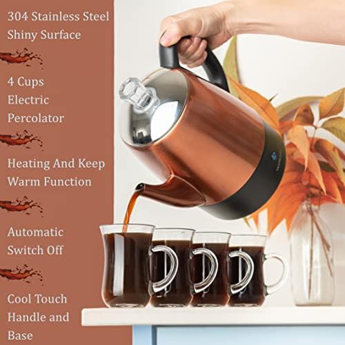 Mixpresso 4 Cup Copper Small Electric Percolator Coffee Pot Stainless Steel