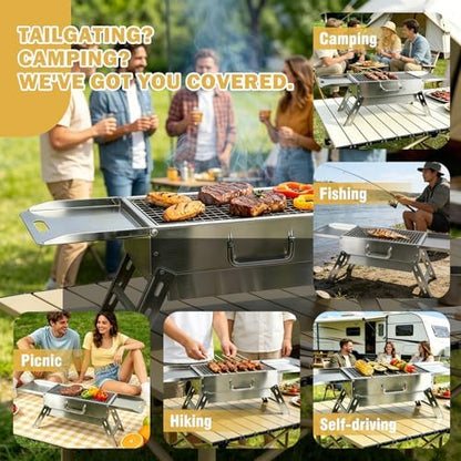 Portable Tabletop Charcoal Grill, Foldable Stainless Steel Mini BBQ Grill with Carry Bag, Lightweight Small Camping Picnic Travel Tailgating Patio Grill