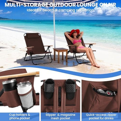 2 Pack Premium 5-Position Reclining Camping Chair - Portable Folding Lightweight Outdoor Chair with Wooden Armrests, Headrest & Pockets, 350lbs Heavy Duty for Beach, Patio, Backyard, Coffee