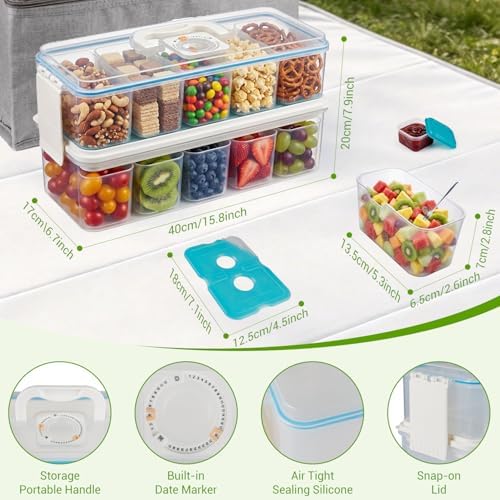 Snackle Box Container: Snack Organizer Divided Serving Tray with Ice-Pack, Portable Double-layer Tray Snackle Box for Food and Drink, Snack Platter for Travel Beach Picnic (White - 10 Tray)