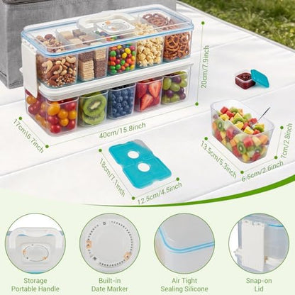 Snackle Box Container: Snack Organizer Divided Serving Tray with Ice-Pack, Portable Double-layer Tray Snackle Box for Food and Drink, Snack Platter for Travel Beach Picnic (White - 10 Tray)