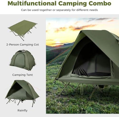 GYMAX 2-Person Tent Cot, 3 in 1 Folding Off-Ground Cot Bed Combo with Portable Wheeled Bag, Waterproof Rainfly, 2 Mesh Doors & Skylight Roof for Hiking, Backpacking, Outdoor
