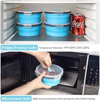 Collapsible Food Storage Containers Round with Airtight Lid, 27 oz, Kitchen Stacking Silicone Collapsible Meal Prep Container Set for Leftover, Microwave Freezer Dishwasher Safe, Blue, Set of 4