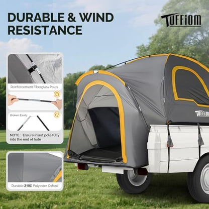 TUFFIOM 5.5-6ft Pickup Truck Tent for Camping, Truck Bed Tent with Reinforcement Fiberglass Poles, PU2000mm Waterproof and Rainfly for 2 People, Easy Set Up, Good Ventilation, Yellow