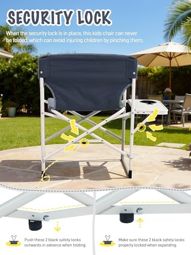 EVER ADVANCED Kids Directors Chair with Side Table, Padded Kids Folding Camping Chair Outdoor with Safety Lock, Lightweight Portable Camp Chairs for Beach, Balcony, Patio, Supports 150lbs, Grey