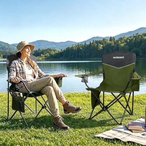 Outdoor Folding Camping Chairs 2 Pack, 350 lbs Capacity, Green