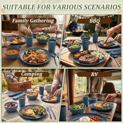 PYRMONT Wheat Straw Dinnerware Sets 28 Pcs Bowls and Plates Set(Blue)