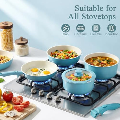 GIPP 11pcs Pots and Pans Set Non Stick, Nonstick Cookware Set Detachable Handle, Ceramic Pots for Cooking Non Stick with Removable Handle, RV Cookware Set for All Stoves, Light Blue Gradient