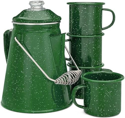 COLETTI Classic Enamel Set Coffee Percolator & Mugs — The Most Nostalgic Camping Coffee Pot, Now Modernized [Green Enamel, 12 Cup Percolator Coffee Pot & Set of 4 Mugs]