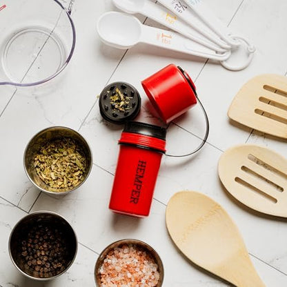 Hemper Keeper 3‑in‑1 Herb Grinder with Dual Storage Container - Smell‑Proof, Airtight & Water‑Resistant - Built‑In Removable Grinder, Dual Compartments for Flower & Ground - (Red & Black)