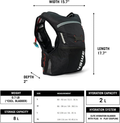 USWE Rush 8L Bike Hydration Vest, Adjustable Chest Straps Running Hydration Vest, 2.0L Hydration Bladder, Mountain Biking, Gravel & Cycling with Reflective Details, Men & Women