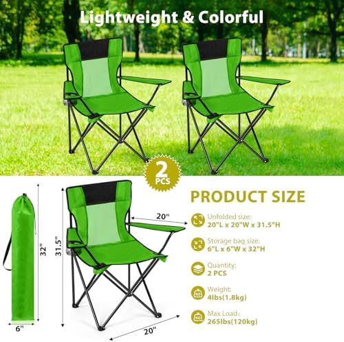 Shellwei 2 PCS Folding Camping Chair with Cupholder and Carry Bag Regular Size Colorful Breathable Portable Lightweight Lawn Chair with Side Pocket for Fishing Hiking Beach Outdoor Activity