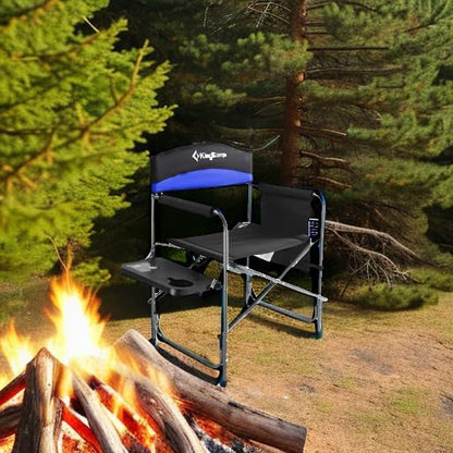 KingCamp Portable Camping Chair, Folding Directors Chair Compact Outdoor Chair with Side Table Cup Holder for Beach Trip Tailgating Lawn Sports Backpacking Fishing Picnic, Blue