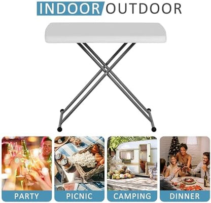 SUPER DEAL 2.5 Foot Plastic Folding Table, Indoor Outdoor Portable Heavy Duty Adjustable Height Kitchen or Camping Barbecues Picnic Party Tray Table, White
