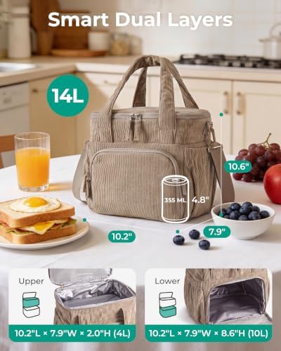 BAGSMART Corduroy Large Lunch Bag Women 14L Double Deck Insulated Lunch Box
