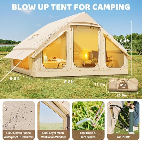 Inflatable Tents for Camping, Large Blow Up Tent with Hand Pump, Easy Setup InflatableTent 4 Season Tent, Waterproof Oxford Air Glamping Tents for Camping Adult 4/6/8/10/12 Person