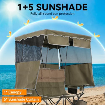 Padded Double Camping Chair With Canopy,Folding Chair Support 450LBS, Green