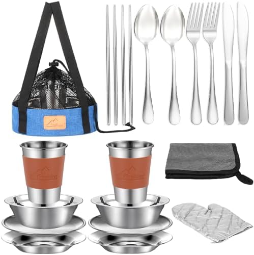 Camping Mess Kit - 1 to 2 Persons Camping Dishes Includes Cups, Bowls, Knives, Forks, Spoons, Camping Dinnerware Set Camping Cooking Utensils Accessories Plates Dinnerware Set
