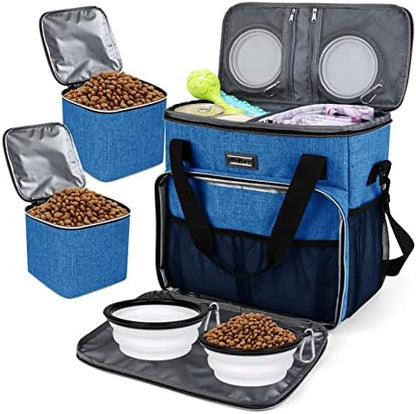 BAGLHER Dog Travel Bag, Pet Travel Bag (ALL Pet Travel Supplies), With 2 Pet Food Containers and 2 Collapsible Silicone Bowls; Essential Kits for Pet Travel Blue