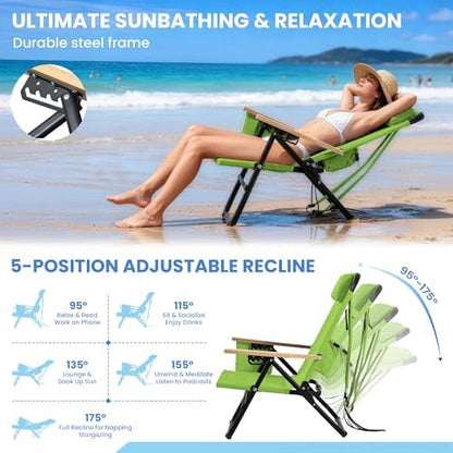 2 Pack Premium 5-Position Reclining Camping Chair - Portable Folding Lightweight Outdoor Chair with Wooden Armrests, Headrest & Pockets, 350lbs Heavy Duty for Beach, Patio, Light Green