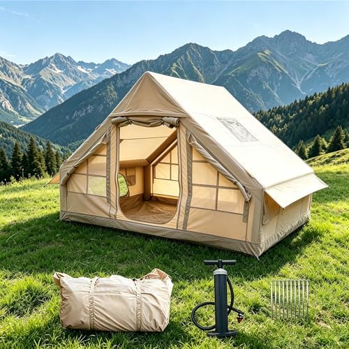 Inflatable Camping Tents with Hand Pump, Air Glamping Tents, Easy Setup Waterproof and Windproof Blow up Tent, 4 Seasons Oxford Cabin Tent with Mesh Window & Stove Jack.